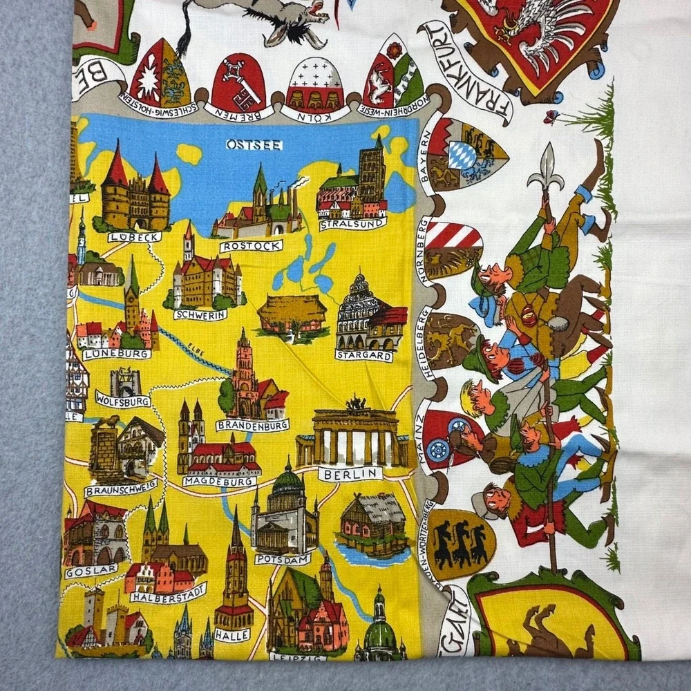 Vtg 50s Germany Souvenir Map Tea Towel Illustrated Cities Coats of Arms‎ 62